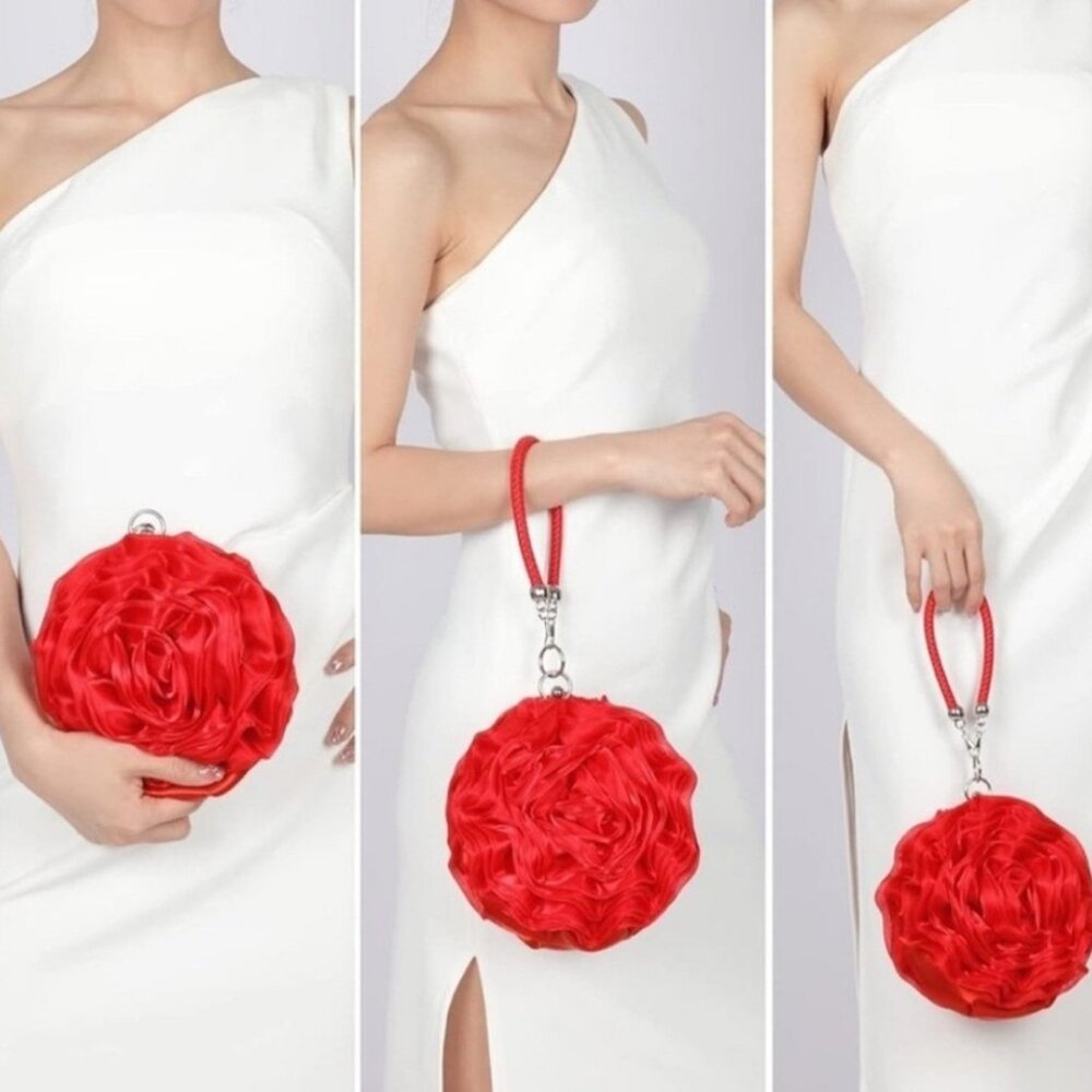 Prom / Wedding Red Rose Satin Clutch Elegant Floral Evening Bag w/ Handle - Picture 3 of 12